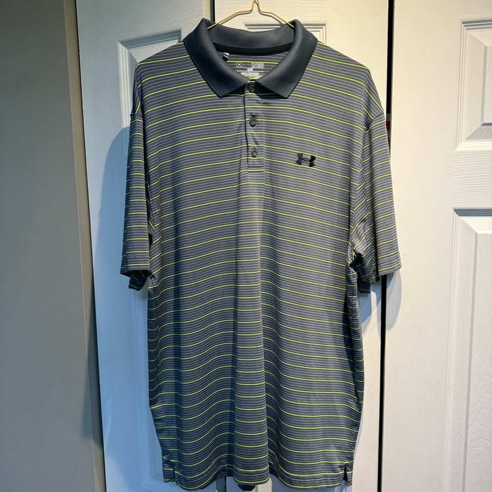 UNDER ARMOUR MEN’S POLO IN GRAY & GREENISH-YELLOW STRIPED SIZE XL